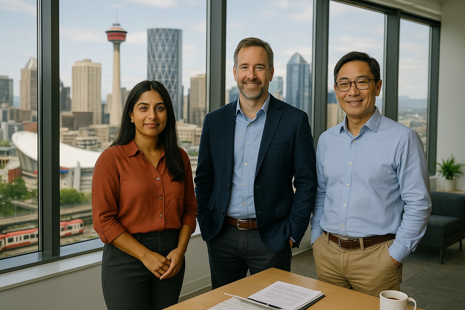 Calgary skyline with business handshake