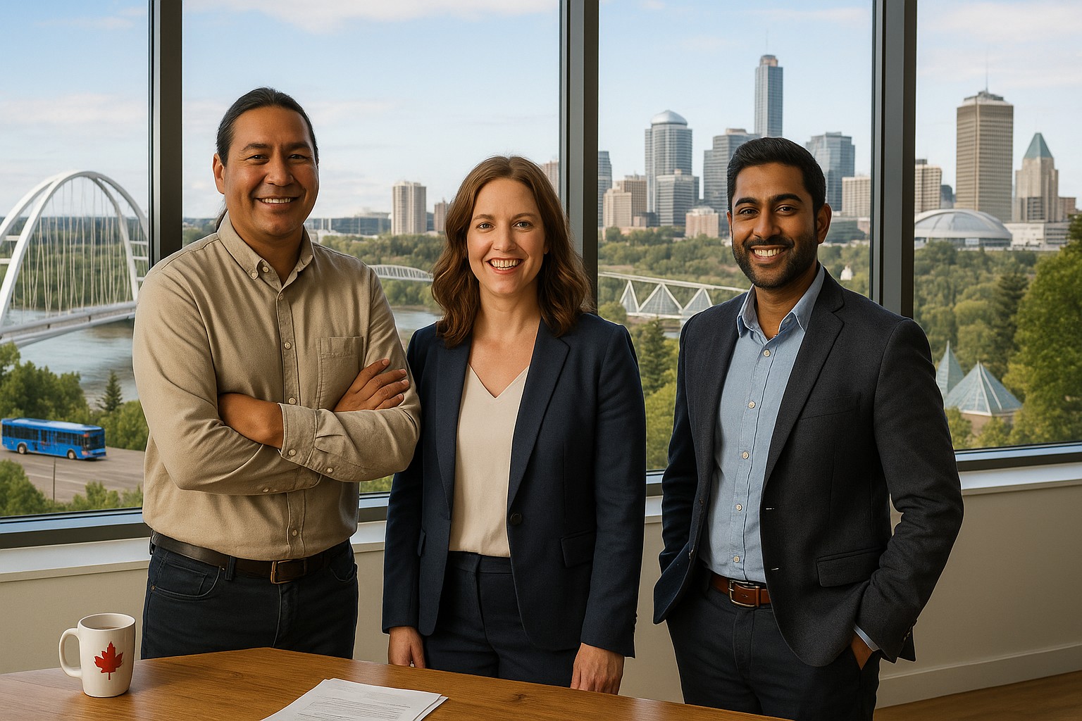 Edmonton skyline with business handshake