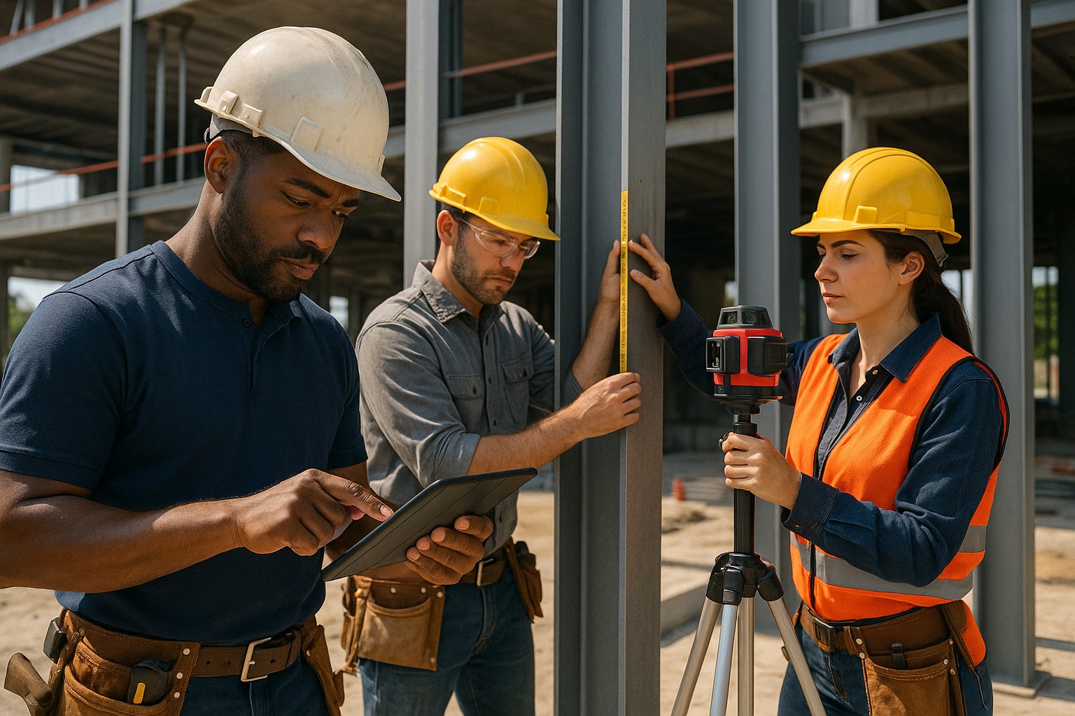 Construction workers reviewing blueprints