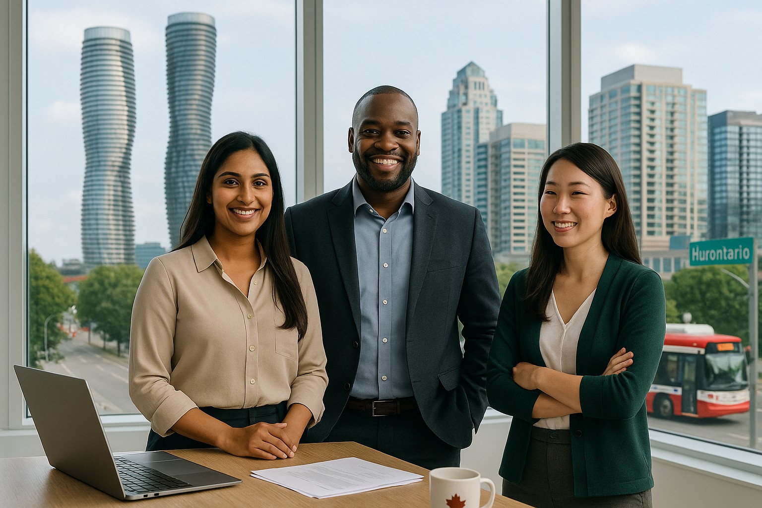 Mississauga skyline with business handshake
