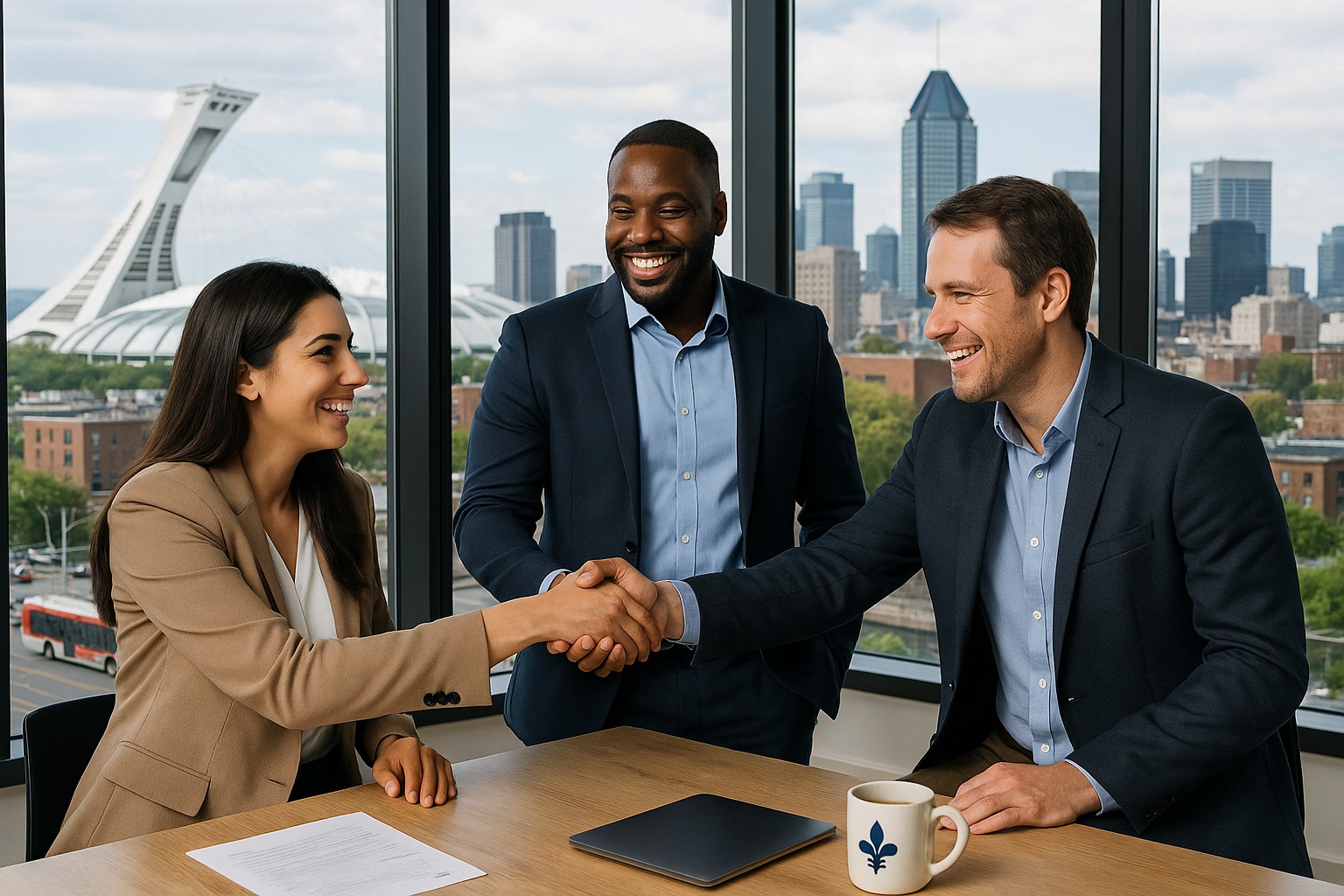Montréal skyline with business handshake