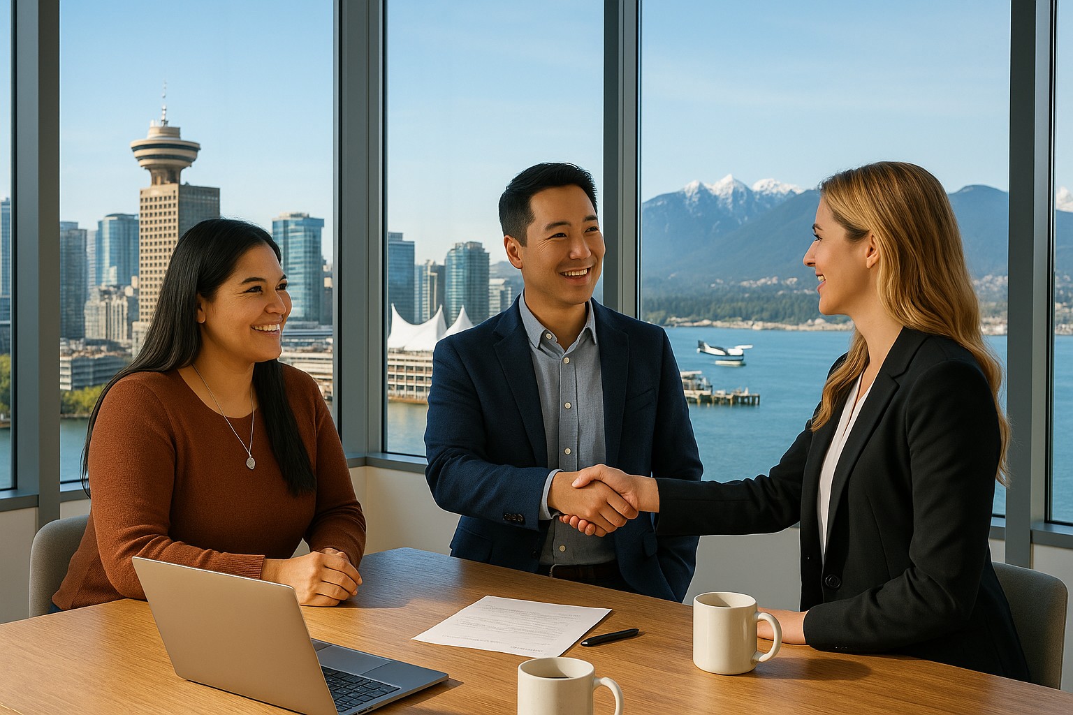 Vancouver skyline with business handshake